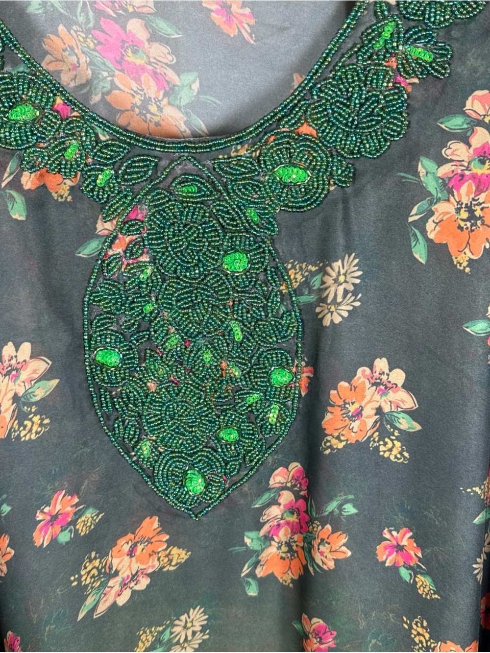 Floral Beaded Kaftan Green Orange Pink Long Sleeve Flowy L Semi Sheer Glam - Picture 3 of 8